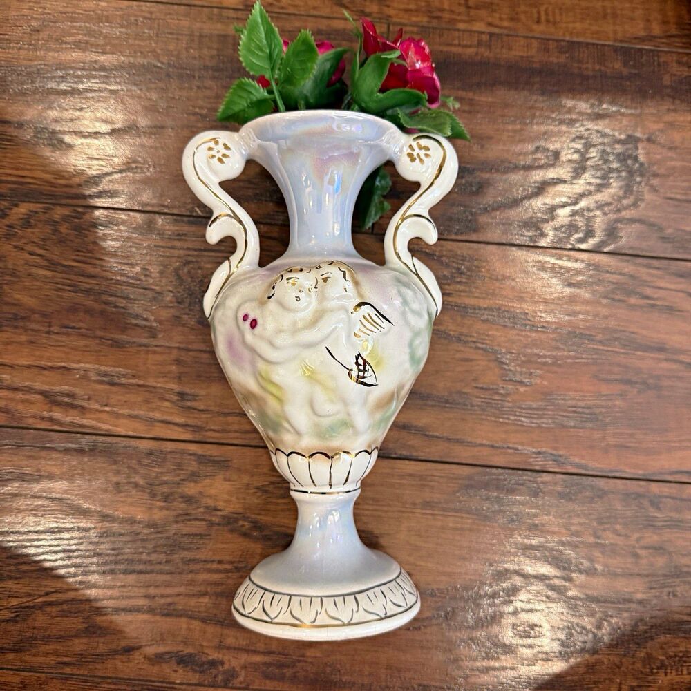 Vintage Iridescent White Glossy Vase with Double Handles, Glossy Finish, C9